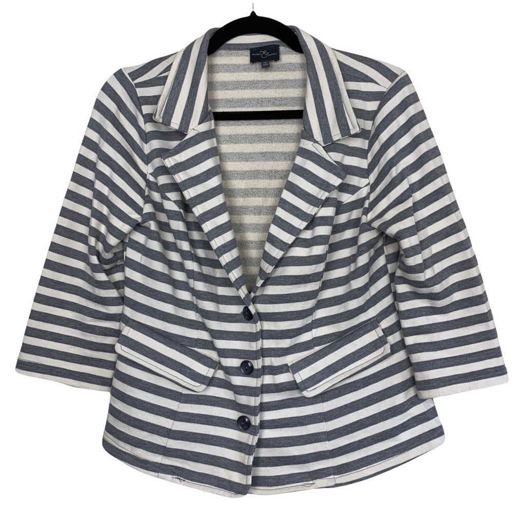 Market & Spruce Striped Cream Gray Cotton Blend Button Front Blazer Medium
